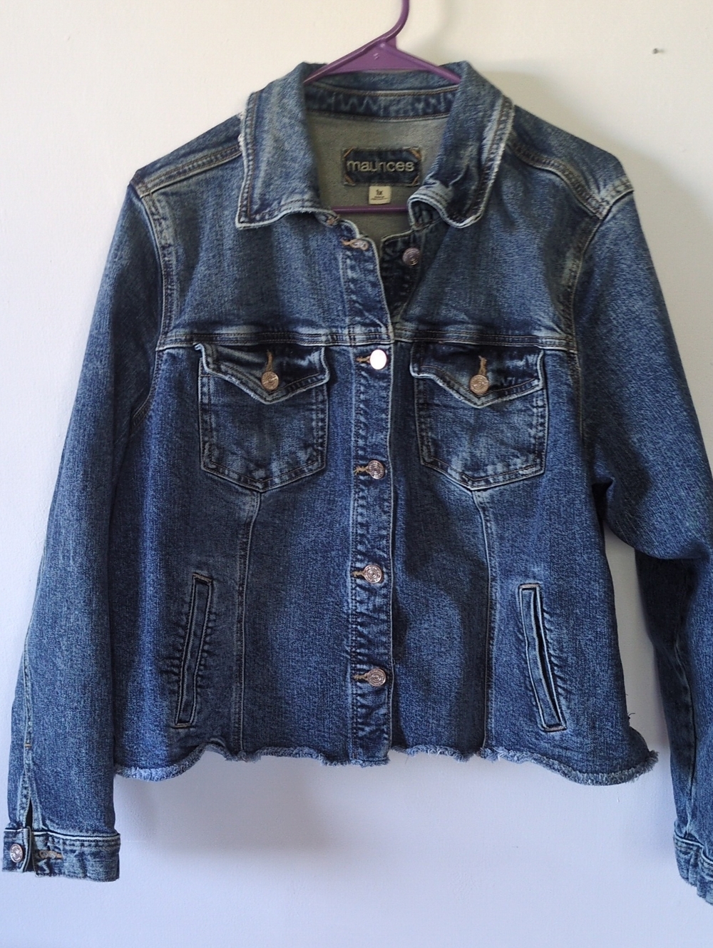 Maurices Distressed Blue Denim Jacket with Frayed Hem